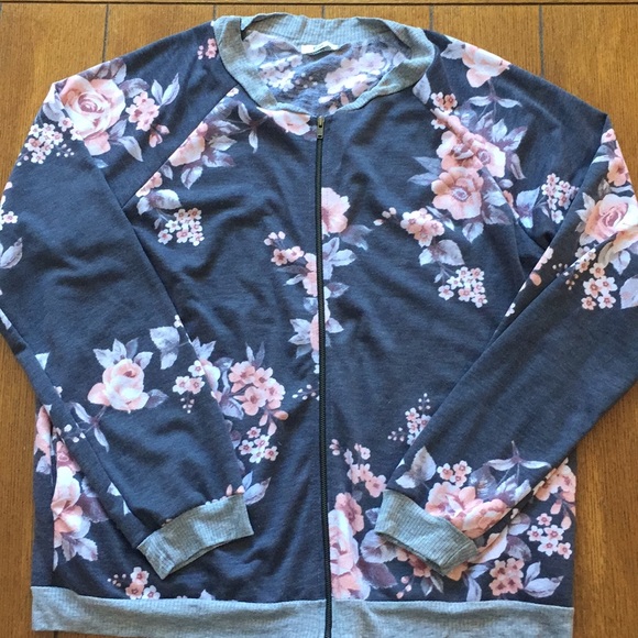 Lightweight Gray Floral Zip Front Baseball Bomber Jacket Large 3/$20 Sale! - Picture 1 of 6